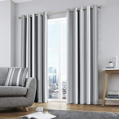 Image of Fusion Grey Stripe Curtains W66 x L72&quot; (168 183cm) 2x Panels 100% Cotton Eyelet &amp; Drapes for Bedroom Living Room Stripes in Matching Cushion Available