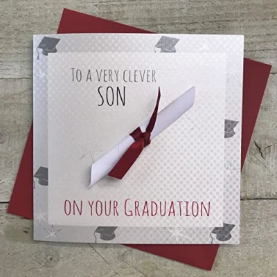 Image of WHITE COTTON CARDS Handmade to A Very Clever Son On Your Graduation Scroll Card, White, G15s