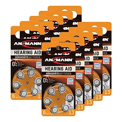 Image of ANSMANN Hearing Aid Batteries [Pack of 60 Cells] Size 13 Orange Zinc Air Suitable For Aids, Aids Sound Amplifier 1.45V Mercury Free