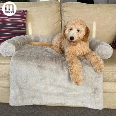 Image of Mikki Dog, Cat, Puppy, Kitten Ultra Soft Grey Faux Fur Calming Sofa Blanket Cushion Bed Snuggler Small