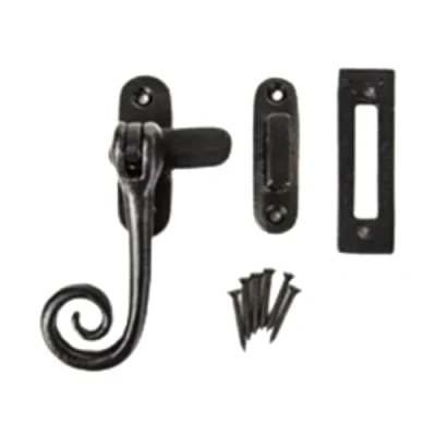 Image of Black Antique Monkey Tail Window Fastener Curly End Casement Vintage Catch Traditional Cast Iron Latches for Wooden Windows Kit Pack.