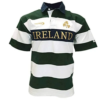 Image of Carrolls Irish Gifts Ireland Bottle/White/Gold Striped Short Sleeve Rugby Shirt (Small)