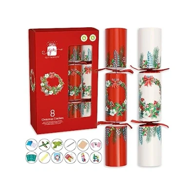 Image of Giftmaker Pack 8 Red &amp; Cream Traditional Wreath Novelty Family Christmas Crackers