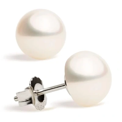 Image of Women and Girls Pearl Stud Earrings. Fresh Water Cultured Pearls Button Shape Secret &amp; You 925 Sterling Silver Mounts Available in 10 sizes from 4 mm to 13