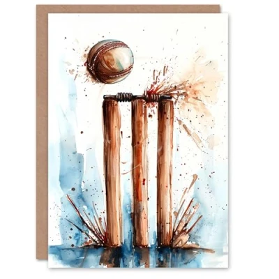 Image of Artery8 Birthday Card Cricket Ball Wicket Watercolour Painting For Him Man Male Dad Brother Son Papa Grandad Greeting