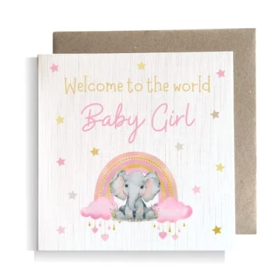Image of Second Ave Baby Girl Newborn Congratulations Rainbow Elephant Square Card