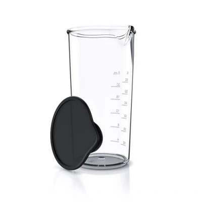 Image of Arendo Measuring jug 600 ml with Measurements displayed, Mixing Jug, Blender Beaker black lid, 20 oz, Transparent Cup, Ideal for Hand and Handheld Milk frother, Plastic
