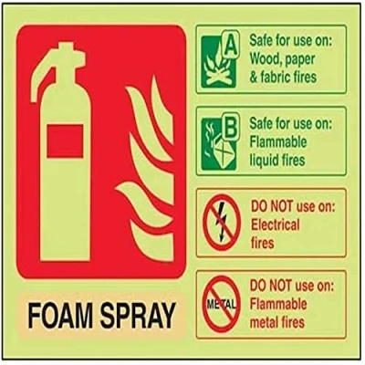 Image of V Safety Glow In The Dark Foam Spray Id Not Electrical Safe Fire Extinguisher Sign 150mm x 100mm Self Adhesive Vinyl