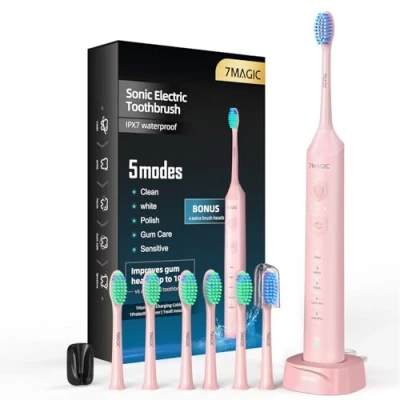 Image of Electric Toothbrush, Sonic Toothbrush with 3 Intensities &amp; 5 Modes, 40000 VPM Toothbrushes Adults, IPX7 and 90 Day Battery Life, Low Noise Timer, Knight Pink