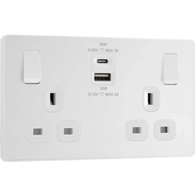 Image of BG Electrical Double Switched Power Wall Plug Socket with Super Fast Charge Type A &amp; C USB Charging Ports, Evolve, Pearlescent White, 13A, 45W, PCDCL22UAC45W