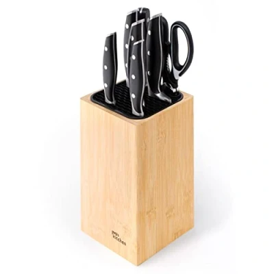 Image of Joejis Universal Knife Block Without Knives with Extra Slots for Scissors &amp; Sharpening Rod, Bamboo only, Easy to Clean Drain Kitchen Holder