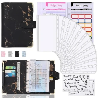Image of Budget Binder with Cash Envelopes A6 PU Leather Money Saving Wallet Ring Binders Organiser Book Stuffing Planner for Saving/Budgeting Sheets (Black)