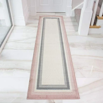 Image of Blush Grey Border Runner Rug Modern Geometric Stain Resistant Affordable Living Room Area Bedroom Hallway Rugs 60cm x 240cm