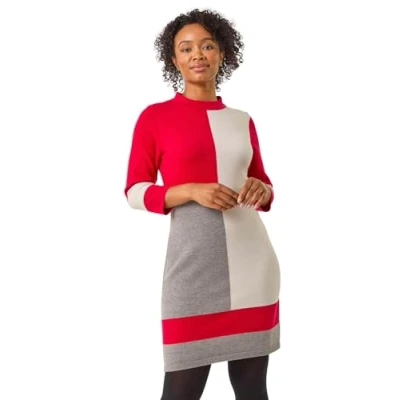 Image of Roman Originals Knitted Jumper Dress for Women UK Ladies Colour Block Winter Autumn Smart Casual Office Bodycon Workwear Everyday Long Sleeve Knee Length Knit Pocket Petite Red Size 18