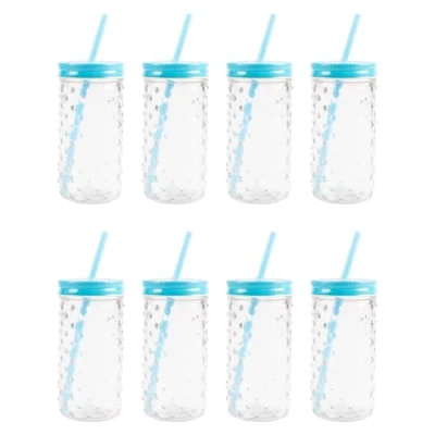 Image of FabFinds Bubble Mason Glass Jars with Lids Cocktail Glasses Reusable Straw 16ozX8 (B1 Blue)