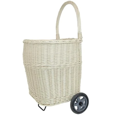 Image of WEECO Large Wicker Shopping Basket in White Trolley Transport with Wheels, Market Trolley, Wooden Basket, Made of Willow Large, for Firewood 93 x 50 48