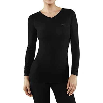 Image of FALKE Women&#039;s Wool Tech Light V Neck W L/S SH Functional Yarn Quick Dry 1 Piece Base Layer Top, Black (Black 3000), M