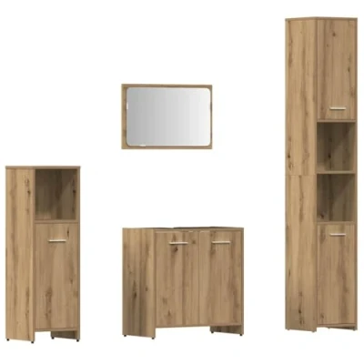Image of vidaXL Bathroom Furniture Set 4 Piece Oak Vanity Mirror &amp; Cabinets Modern Engineered Wood