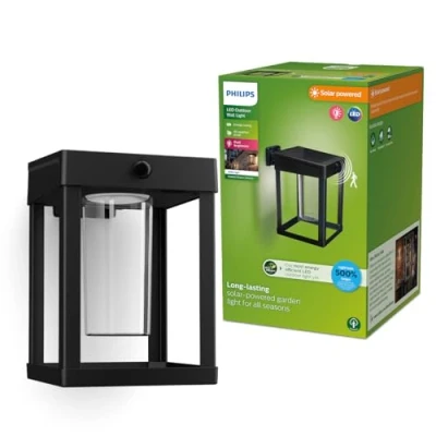 Image of PHILIPS Lighting Camill UltraEfficient Outdoor Solar Wall Light, Square, 1.4W, 3000K, Black, Clear, Motion Sensor, IP44 Weatherproof