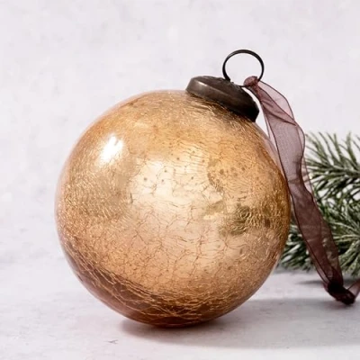 Image of Arthur Cameron Crackle Glass Christmas Tree Bauble Hanging Ball Decoration (4&quot;, Champagne)
