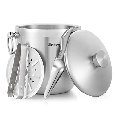 Image of 3L Insulated Stainless Steel Ice Bucket with Lid, Scoop, Tongs &amp; Strainer Keeps Frozen for Cocktails Parties