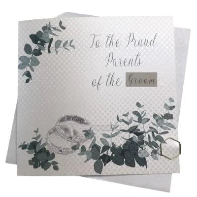 Image of White Cotton Cards To the Proud Parents of Groom, Sparkly Rings, Wedding Card Hand Finished PD4 G