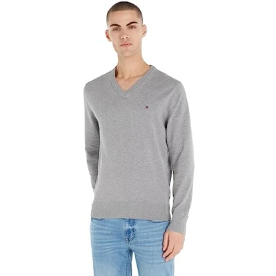 Image of Tommy Hilfiger Men&#039;s 1985 V Neck Sweater Mw0mw30956 Pullovers, Grey (Medium Heather), XL