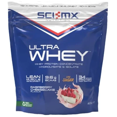 Image of SCI MX Ultra Whey Protein Muscle Building &amp; Recovery Powder with Naturally Occurring Glutamine Amino Acids Raspberry Cheesecake Flavour 800g (18 Servings)