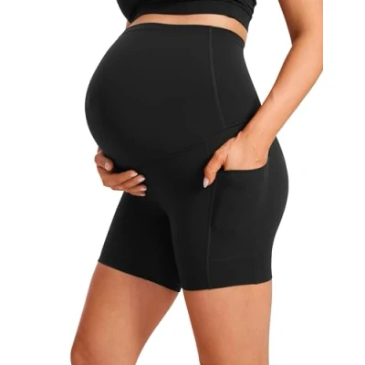 Image of CRZ Yoga Women&#039;s Butterluxe Maternity Shorts with Pockets 5&quot; Over The Belly Biker Workout Pregnancy Leggings Black 12