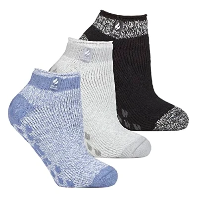 Image of HEAT HOLDERS 3 Pair Multipack Ladies Ankle Slipper Socks Womens Fleece Low Cut Fluffy with Grippers (4 8, Pisa Assorted 1)