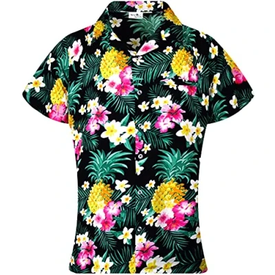 Image of King Kameha Funky Hawaiian Blouse Shirt, Shortsleeve, Print Pineapple Flowers, Black, 3XL