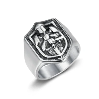 Image of Knight Templar Sword Ring for Men, Gothic Crusader Shield Medieval Cross Helmet Warrior Boys (Q)