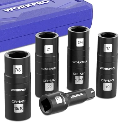 Image of WORKPRO 1/2&quot; Drive Impact Socket Set, 5PCS Cr Mo Steel Heavy Duty Flip Set with Bar Extension, Wheel Nut Storage Box, SAE and Metric Sizes