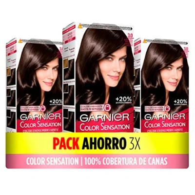 Image of Garnier Color Sensation Pack of 3 Dye Boxes: Long Lasting and Vivid Colour, Full Grey Coverage, Easy Bowl Brush Application, Silky Soft Hair, 3.0 Dark Brown