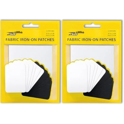 Image of ZEFFFKA 2PACK Fabric Iron on Patches Inside &amp; Outside Strongest Glue 100% Cotton Black and White Repair Decorating Kit 12 Pieces Size 3&quot; by 4 1/4&quot; (7.5 cm x 10.5 cm)