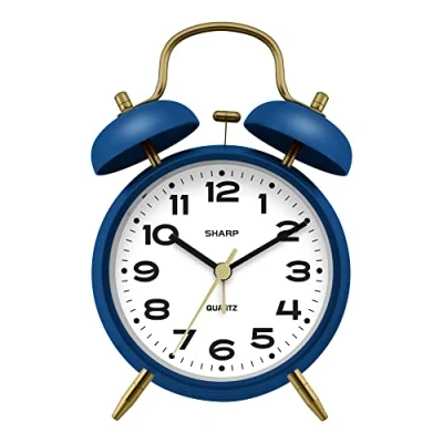 Image of Sharp Twin Bell Alarm Clock, Loud Great for Heavy Sleepers Stylish Matte Finish with Rustic Bronze Accents, Battery Operated (Matte Navy)