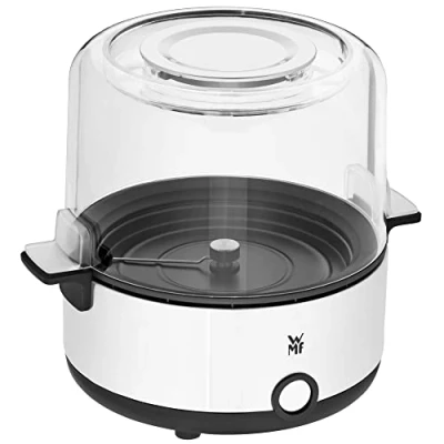 Image of WMF Kitchen minis popcorn machine for home, maker, coated heating plate, lid as serving dish, butter melting opening, with sugar and salt, space saving, matt stainless steel