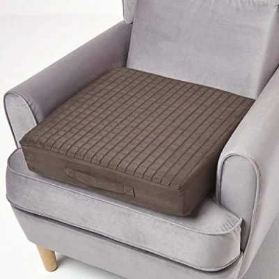 Image of HOMESCAPES Brown Quilted Armchair Booster Cushion with Removable Cover 50 cm Square 10cm Deep Firm Orthopaedic Foam Seat Pad Soft Faux Suede Washable
