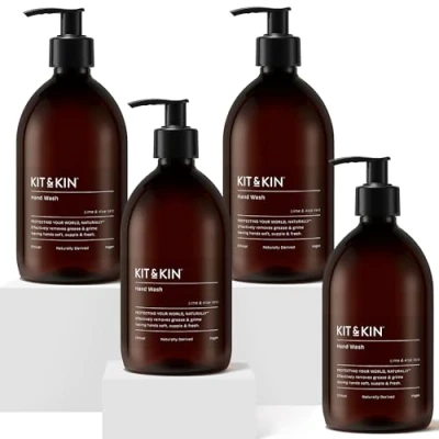 Image of Kit &amp; Kin Eco Hand Wash 4 Bottles Lime Aloe Vera Plant Based, Vegan Cruelty Free No Harsh Chemicals 100% Naturally Derived Neutralises 99.9% of Harmful Bacteria Made in UK