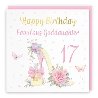 Image of Hunts England 17th Goddaughter High Heel And Perfume Birthday Card Luxury Gold Foil Milo&#039;s Gallery Age 17 Pretty For Seventeen
