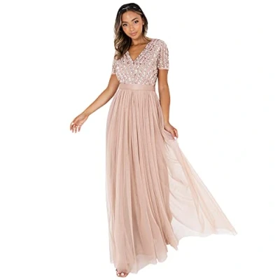 Image of Maya Deluxe Women&#039;s Maxi Dress Ladies Bridesmaid V Neck Ball Gown Short Sleeves Long Elegant Empire Waist Wedding, Taupe Blush, 10