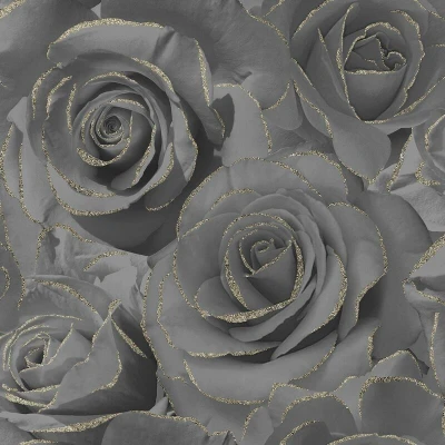 Image of Muriva Madison Rose Glitter Wallpaper Modern for Living Room, Bedroom, Fireplace Decorative Luxury Wall Paper with Large Photographic Black Roses Detailing (Black &amp; Gold)