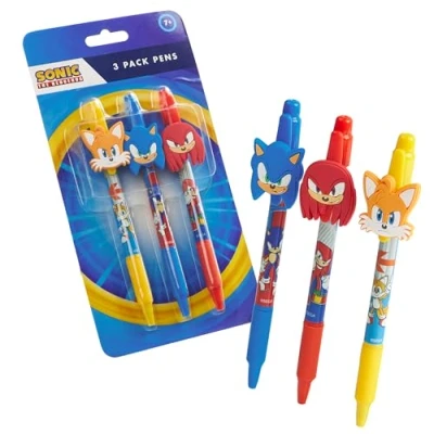 Image of SONIC THE HEDGEHOG Ballpoint Pens for Kids Set of 3 Character Topper Blue Ink School Supplies Gifts Boys
