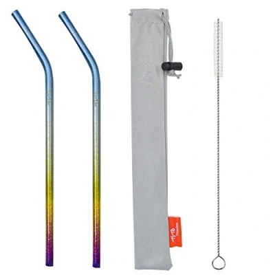 Image of TiTo 2Pcs Titanium Metal Straw Reusable Colorful Ultralight Drinking Straws with Cleaning Brush and Bag for Smoothie, Milkshake, Cocktail Hot Drinks(Multicolour, Bent)