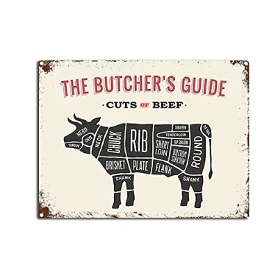 Image of Vintage Butcher Guide Metal Tin Sign Cuts of Beef Retro Wall Art for Home Kitchen Restaurant Bar Decor 8x12inch