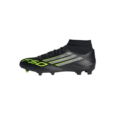 Image of adidas Unisex F50 League Mid Firm Multi Ground Football Boots, Core Black/Iron Metallic/Lucid Lemon, 12.5 UK