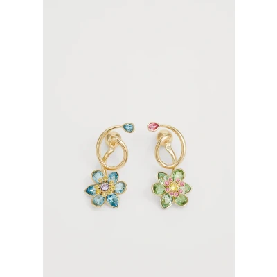 Image of Swarovski Idyllia drop earrings, Asymmetrical design, Mixed cuts, Flower, Multicolored, Gold tone plated