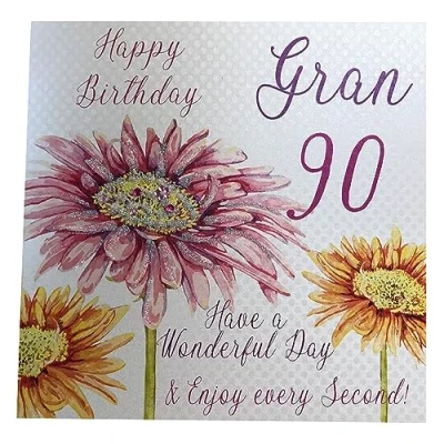 Image of white cotton cards Pink Gerbera, Happy 90 Gran Have a Wonderful Day Handmade 90th Birthday Card, White, WBA90 G