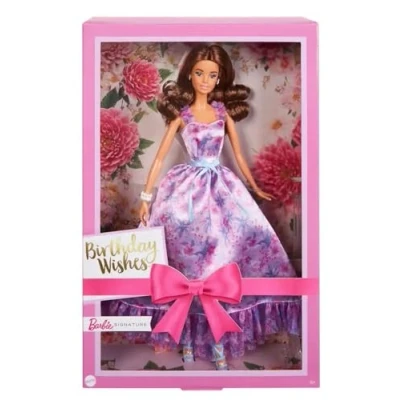 Image of Barbie Signature Birthday Wishes Doll with Silky Lilac Dress Brown Wavy Hair Gift Boxed HRM54