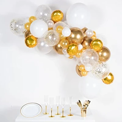 Image of amscan 9910293 Gold &amp; White DIY Latex Balloon Arch Garland Kit 66 Pieces